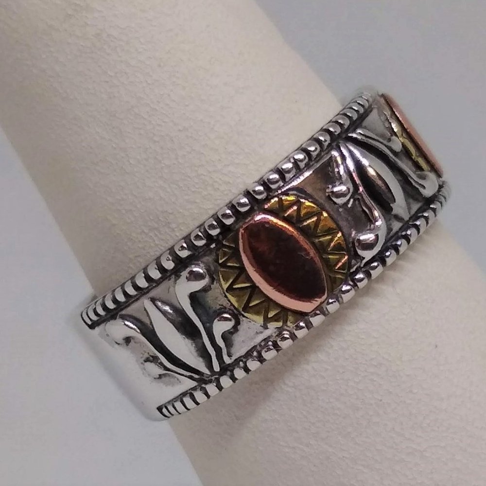 SIGNED CAROLYN POLLACK STERLING SILVER RING ACCENTED WITH COPPER AND BRASS